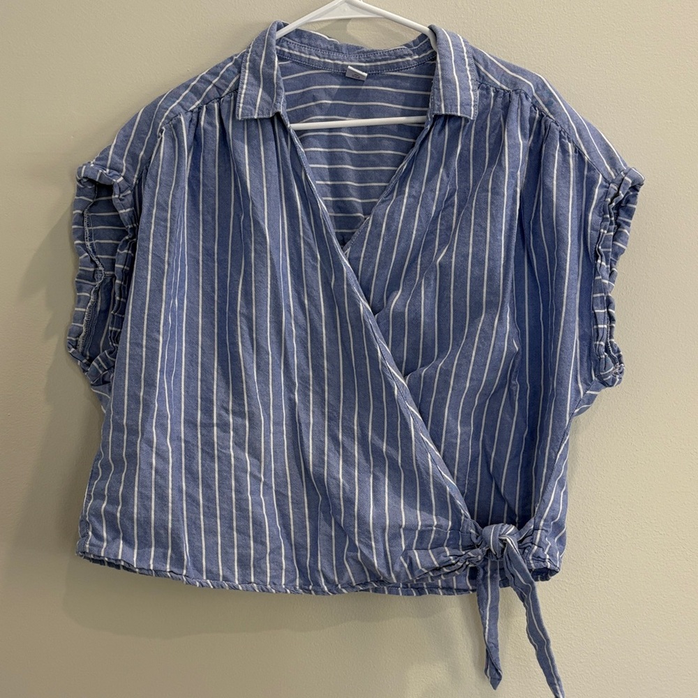 Old Navy Blue and White Striped Wrap Blouse